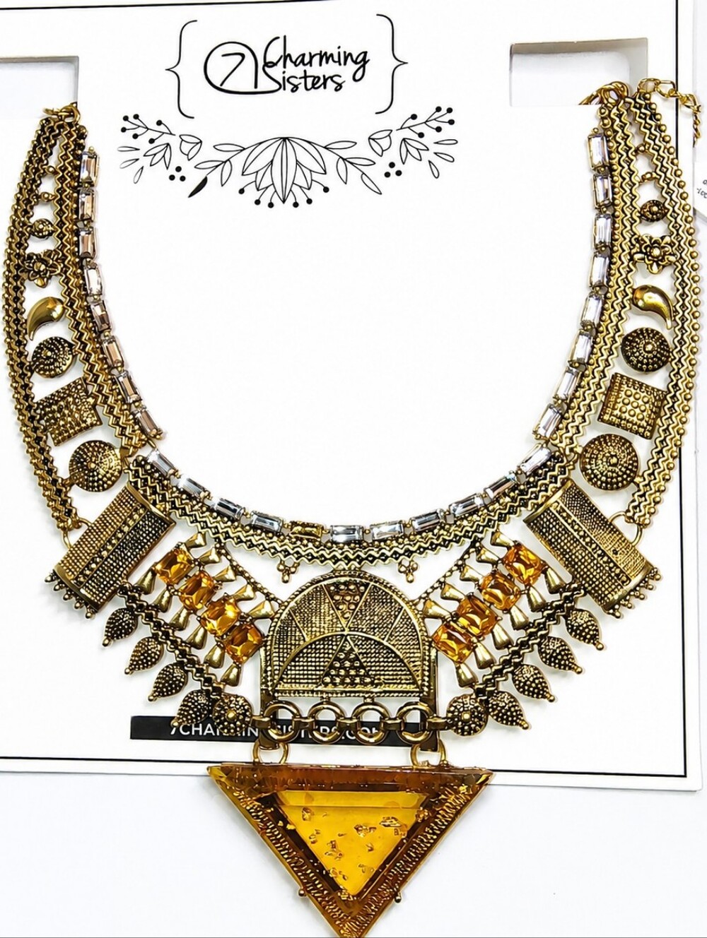 NWT 7 Charming Sisters Statement Necklace Adjustable 16-20" Gold Tone Amber Boho - Picture 3 of 4